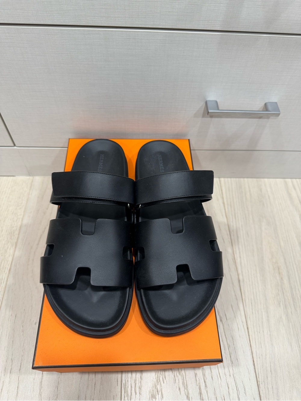 Hermes Men’s Black Leather H-Strap Chypre Slides